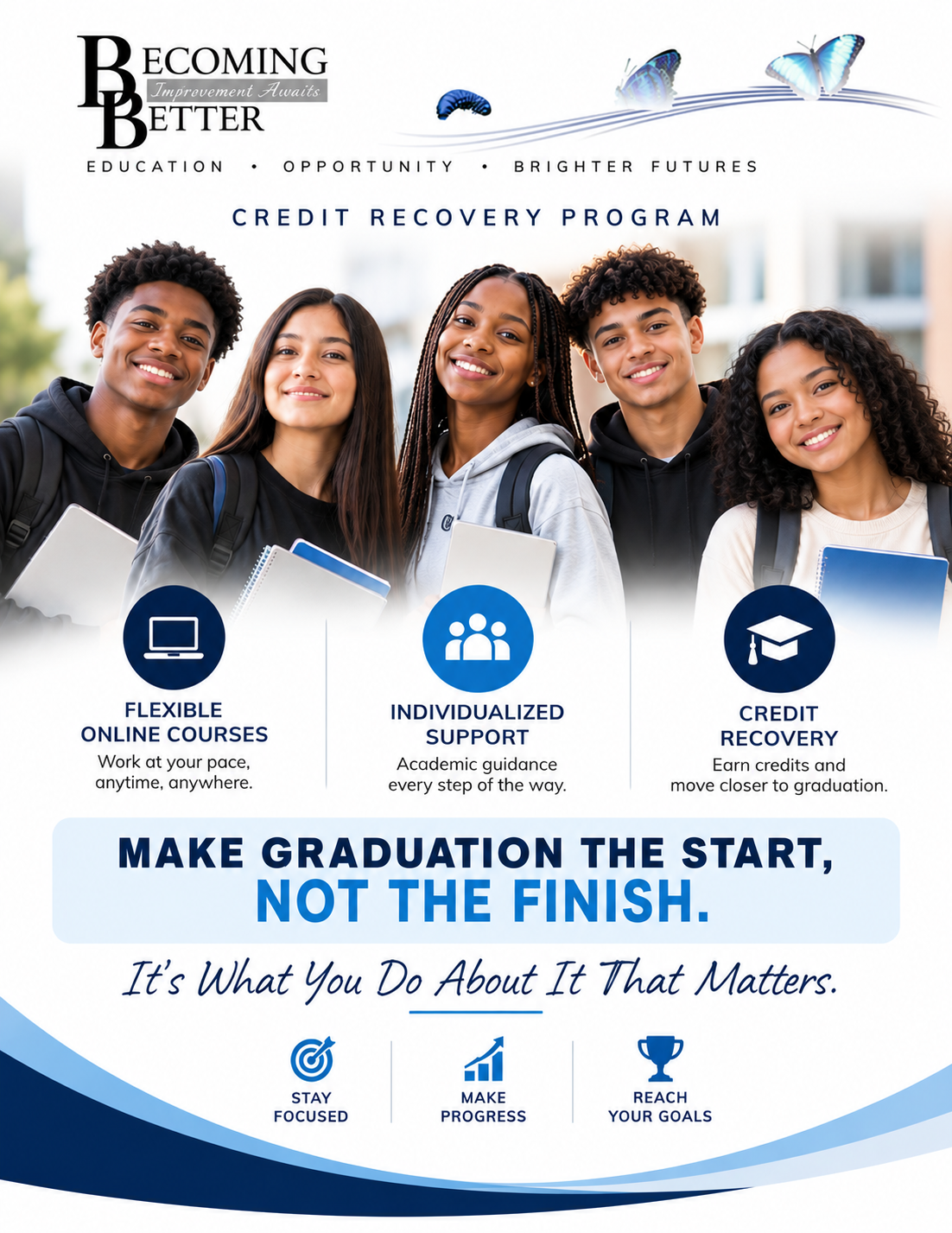 Five diverse students smiling and holding their school materials